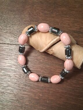 Pink Beaded Stretch Bracelet with Hematite Accents - Women's Jewelry